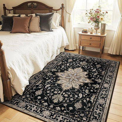 RELEANY Area Rugs 4'x6' Washable Non-Slip, Floral Vintage Distress Print Pattern Medallion Carpet for Living Room Bedroom Dining Room, Black Brown Neutral Dark Tan