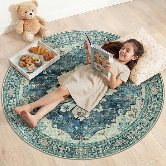 RELEANY Area Rugs Round 4ft Washable Non-Slip, Floral Vintage Distress Print Pattern Medallion Carpet for Living Room Bedroom Dining Room, Dark Blue Vintage