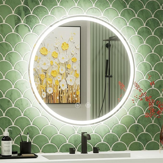 20 Inch Round LED Bathroom Mirror with Anti-Fog, Dimmable Front & Backlit Lights, 6000K Daylight, Frameless, 5mm HD Glass, Memory Function, Touch Control, CRI 90+