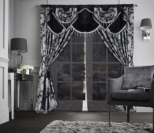 GLORY RUGS Jacquard Luxury Window 2 Panel Set Black Curtain with Attached Valance and Backing Bedroom Living Room Dining 2 Curtains 55x84 inches Each Jana