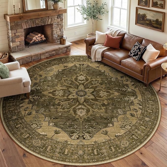 RELEANY Area Rugs Round 8ft Washable Non-Slip, Floral Vintage Distress Print Pattern Medallion Carpet for Living Room Bedroom Dining Room, Brown Dark Brown