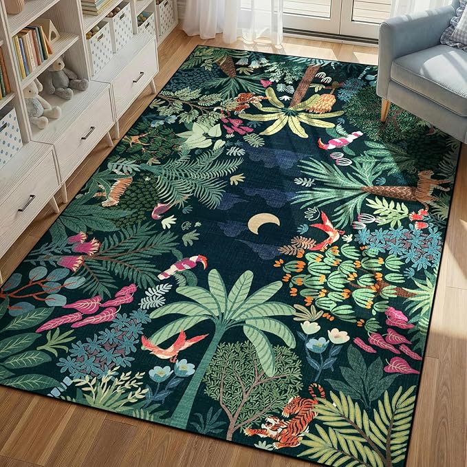 LIVEBOX 6x9 Jungle Dark Rug Dining Room Rugs for Under Table, Soft Modern Green Rugs for Living Room, Washable Kids Rug for Boy Bedroom, Non-Skid Kids Carpet Playmat for Play
