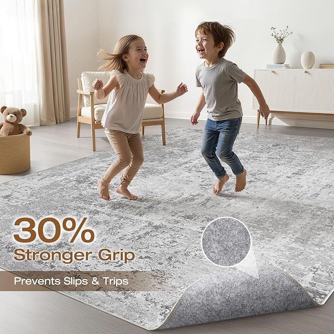 10x14 Area Rugs Living Room: Washable Large Neutral Rug Abstract Soft Modern Stain Resistant Indoor Floor Non-Slip Carpet for Bedroom Nursery Kids Office Playroom Dining Room Under Table- Light Gray