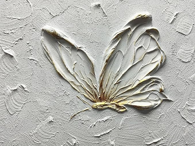 Boiee Art,24x36Inch Hand Painted Creamy Textured Wall Art Elegant Floral Wall Decor Art Minimalist Butterfly Artwork White and Gold Flower Oil Painting for Home Office
