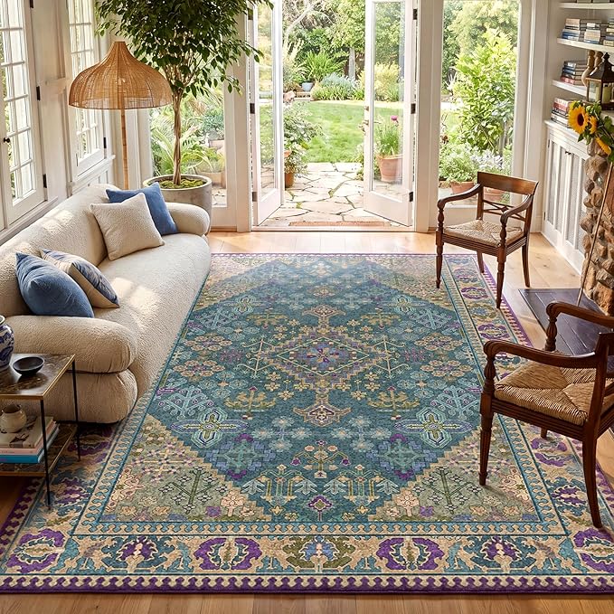 9x12 Area Rugs for Living Room, Machine Washable Low Pile Rug, Non Slip Backing Boho Rugs for Bedroom, Printed Soft Vintage Carpet Teal Green Purple 9 x 12