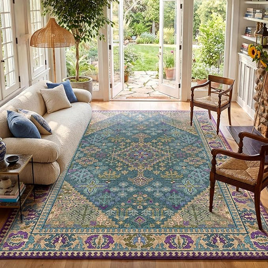 9x12 Area Rugs for Living Room, Machine Washable Low Pile Rug, Non Slip Backing Boho Rugs for Bedroom, Printed Soft Vintage Carpet Teal Green Purple 9 x 12