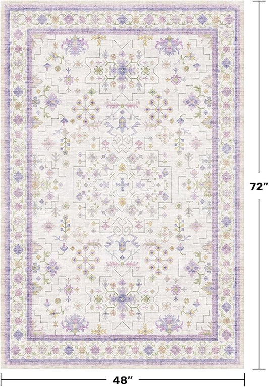 Hazo Haus Purple Rugs for Girls Bedroom, Non Slip Machine Washable 4x6 Floral Area Rug for Nursery Kids Room, Living Room, Low Pile Lavender Girly Dorm Pastel Décor