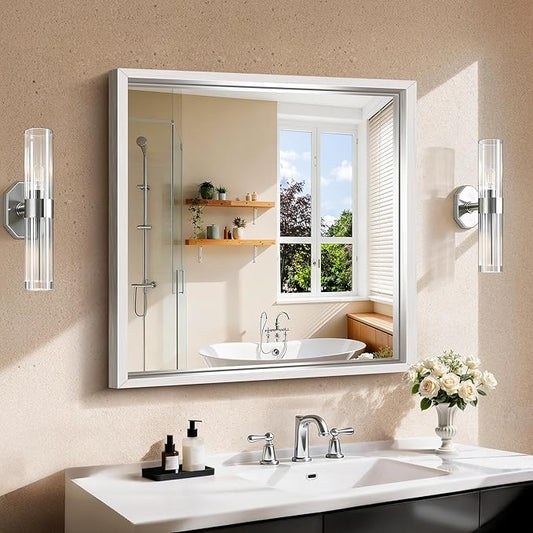 CIRCUMI 30"x30" Brushed Silver Mirror with Chunky Box Metal Frame, Bathroom Mirror for Vanity Remodel & New Home, Living Room, Entryway, Square Wall Mirror, Tempered Glass, Vertical or Horizontal