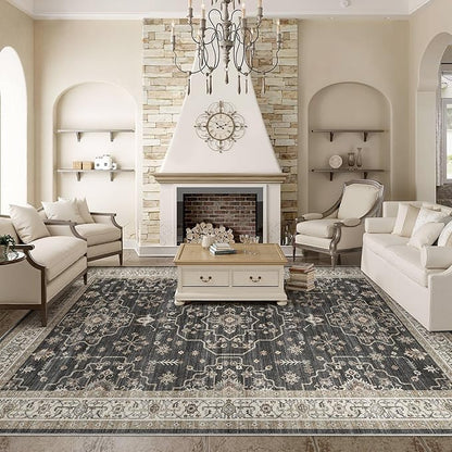 Area Rug for Living Room - 10x14 Soft Washable Oriental Vintage Floral Distressed Large Carpet - Fade Stain Resistant Non Slip Rugs for Bedroom Dining Room Nursery Dorm Office Home Decor - Black