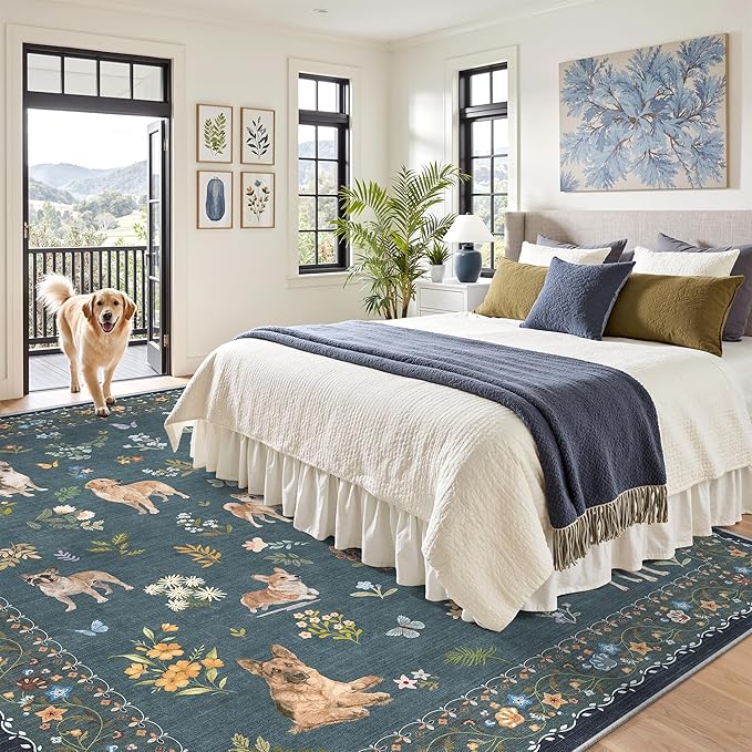 Soalmost Dog 9x12 Area Rugs for Living Room, Machine Washable Animal Floral Vintage Rug Non-Slip Low Pile Soft Throw Large Rugs for Classroom Bedroom Dining Room Nursery Playroom (9 x 12,Navy Blue)