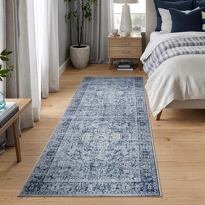 Bloom Rugs Washable Non-Slip 7 ft Runner - Ivory/Denim Blue Traditional Medallion Runner for Entryway, Hallway, Bathroom, and Kitchen - Exact Size: 2.5' x 7'