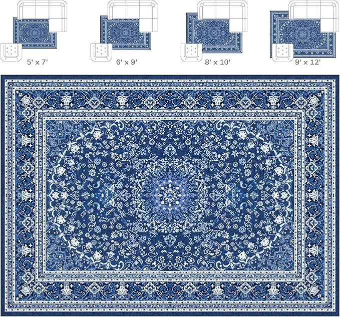 Lessymo Machine Washable Area Rug 5x7 - Super Soft Faux-Wool Area Rug for Living Room Bedroom, Boho Vintage Floral Medallion Non-Slip Low Pile, Kid & Pet Friendly, Blue White