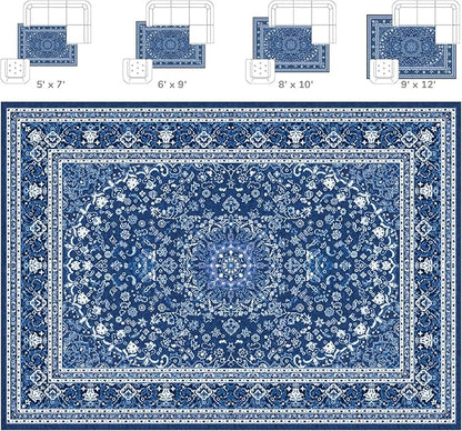 Lessymo Machine Washable Area Rug 5x7 - Super Soft Faux-Wool Area Rug for Living Room Bedroom, Boho Vintage Floral Medallion Non-Slip Low Pile, Kid & Pet Friendly, Blue White