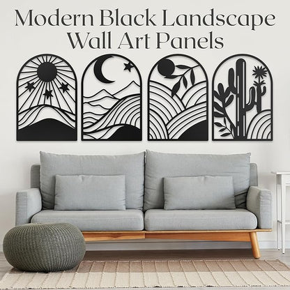 GALLERY GRACE Metal Wall Art Decor – 11" x 16", 4Pc Single Line Abstract Wall Art for Living Room, Bedroom, Office – Boho Minimalist Black Wall Decor Featuring Sun, Moon, Landscape & Desert Panels