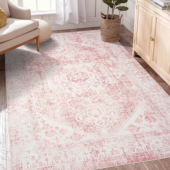 Sofrug Area Rug - 3x5 Washable Pink Rug Honeycomb Non Slip Retro Rugs Soft Faux Wool Carpet Foldable & Machine Washable Rugs for Living Room Bedroom Dining Room Kitchen