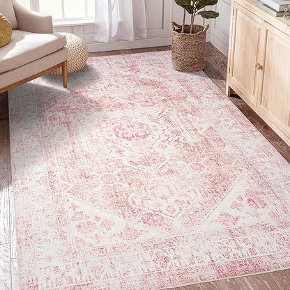 Sofrug Area Rug - 3x5 Washable Pink Rug Honeycomb Non Slip Retro Rugs Soft Faux Wool Carpet Foldable & Machine Washable Rugs for Living Room Bedroom Dining Room Kitchen