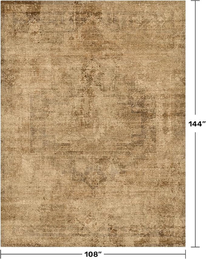 Hazo Haus Large Brown Golden Rug for Living Room - Rustic Farmhouse 9x12 Area Rug for Dining Room Table, Bedroom Under Bed, Non Slip with Rubber Backing & Stain Resistant
