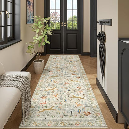 DUKINO 3x10 Washable Runner Rug for Hallway, Lightweight Loog Kitchen Rug with Low Pile Design, Vintage Animal Non Shedding Thin Indoor Carpet for Entryway, Bathroom, Bedroom, Laundry Room, Beige