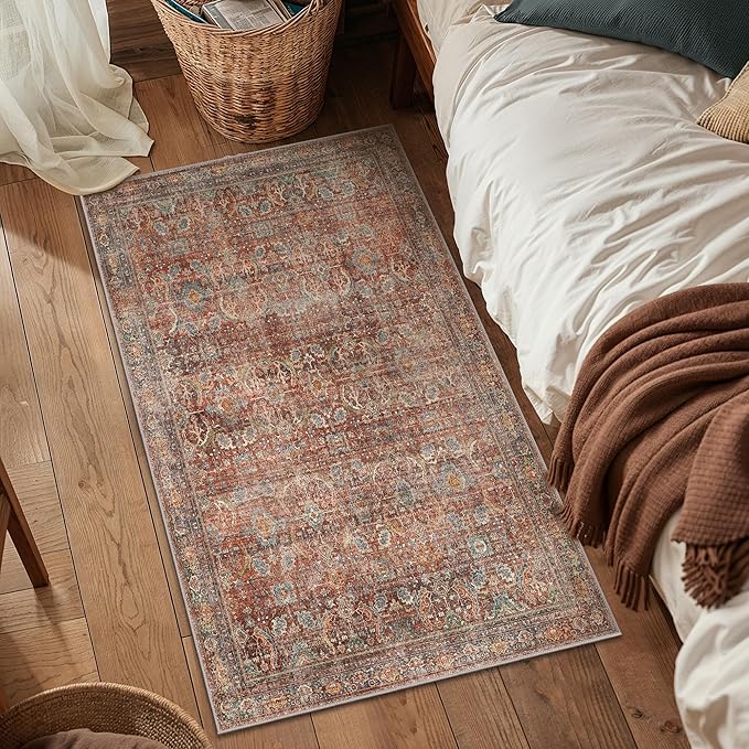 2x3 Entrance Rug Machine Washable Rug Small Door Mat,Ultra-Thin Low Pile Pad,Lightweight Indoor Carpet,Non Slip Floral Area Rug for Entryway,Bedside,Laundry,Bathroom,Terracotta/Indigo