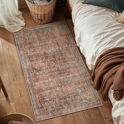 2x3 Entrance Rug Machine Washable Rug Small Door Mat,Ultra-Thin Low Pile Pad,Lightweight Indoor Carpet,Non Slip Floral Area Rug for Entryway,Bedside,Laundry,Bathroom,Terracotta/Indigo
