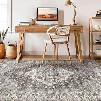 6x8 Area Rug Living Room: Washable Boho Large Neutral Vintage Soft Rug Stain Resistant Farmhouse Non-Slip Indoor Floor Carpet for Bedroom Nursery Kids Office Dining Room Playroom- Grey Brown