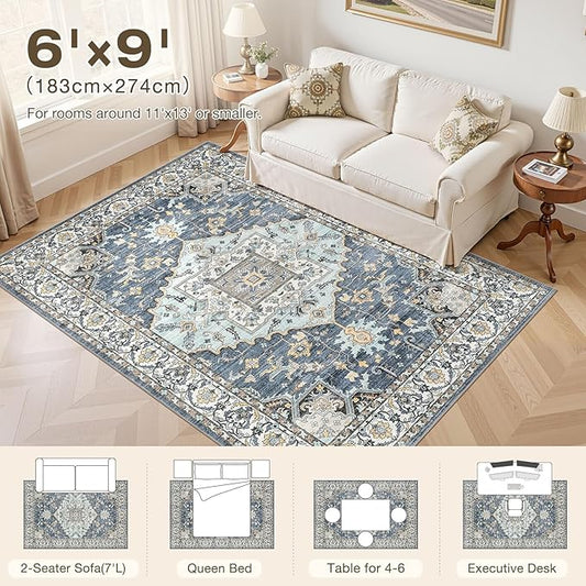6x9 Washable Area Rugs for Living Room: Non Slip Vintage Blue Yellow Rug, Large Soft Stain Resistant Indoor Floor Carpets for Bedroom Dining Room Nursery Home Office Kid & Pet Friendly