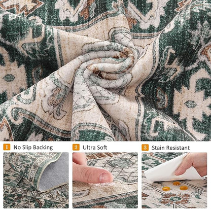 8x10 Washable Area Rugs for Living Room: Non Slip Vintage Green Rug, Large Soft Stain Resistant Indoor Floor Carpets for Bedroom Dining Room Nursery Home Office Kid & Pet Friendly