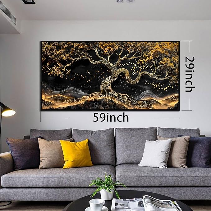 Black and Gold Canvas Wall Art for Living Room - Tree Wall Decor for Bedroom - Large Modern Framed Wall Art for Office Size 29" x 59"