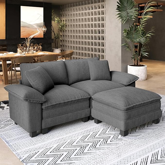 SUNSHINE VALLEY Sectional Loveseat with Ottoman, 87.5'' Oversized Corduroy Love Seat Modular Sofa Couch with Pillow, 3-Seat Modern L Shaped Cloud Deep Seat for Bedroom Small Space, Grey