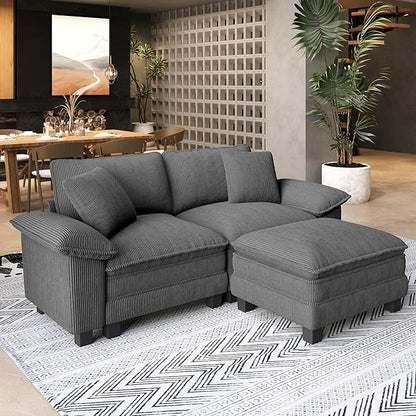 SUNSHINE VALLEY Sectional Loveseat with Ottoman, 87.5'' Oversized Corduroy Love Seat Modular Sofa Couch with Pillow, 3-Seat Modern L Shaped Cloud Deep Seat for Bedroom Small Space, Grey