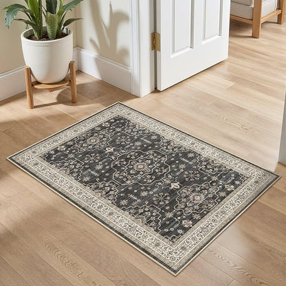 Area Rug for Living Room - 2x3 Soft Washable Oriental Vintage Floral Distressed Large Carpet - Fade Stain Resistant Non Slip Rugs for Bedroom Dining Room Nursery Dorm Office Home Decor - Black