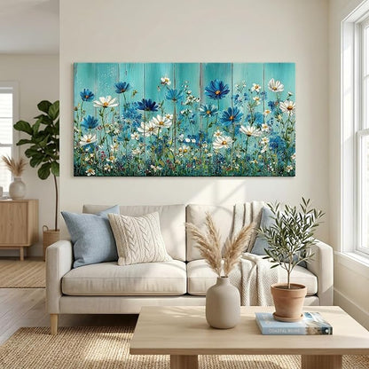 BQVCT Turquoise Blue and White Daisy Wall Art 24x48 Inch Large Gallery Wrapped Canvas Print Modern Floral Painting on Faux Wood Texture Ready to Hang for Living Room Bedroom Office Decor