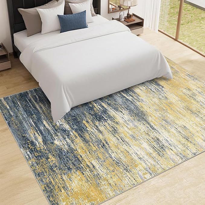 ROYHOME Washable Rug 5x7 Abstract Area Rug for Living Room, Non Slip Foldable Soft Rugs for Bedroom, Stain Resistant Rugs Modern Fuzzy Rug, Indoor Carpet for Entryway Home, Yellow/Black