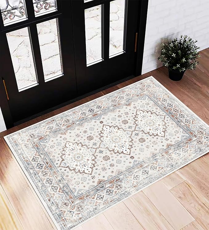 CHAMPLANT Area Rug 2x3 Washable Rug Door Mat Vintage Distressed Doormat Indoor Entrance Traditional Thin Floral Print Non Slip Carpet for Kitchen Bathroom Bedroom Living Room