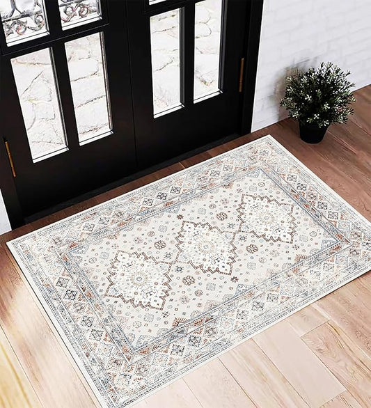CHAMPLANT Area Rug 2x3 Washable Rug Door Mat Vintage Distressed Doormat Indoor Entrance Traditional Thin Floral Print Non Slip Carpet for Kitchen Bathroom Bedroom Living Room