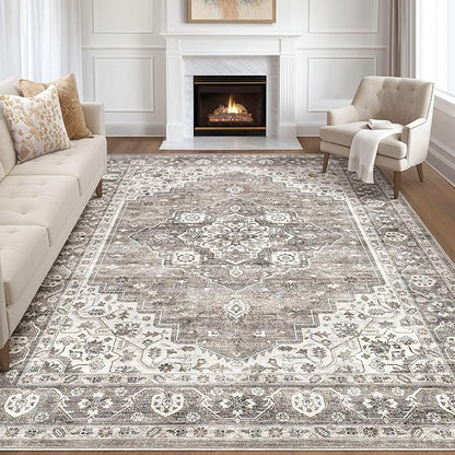 7x10 Area Rug Living Room: Washable Boho Large Neutral Vintage Soft Rug Stain Resistant Farmhouse Non-Slip Indoor Rustic Floor Carpet for Bedroom Nursery Kids Playroom Office Dining Room- Dark Brown