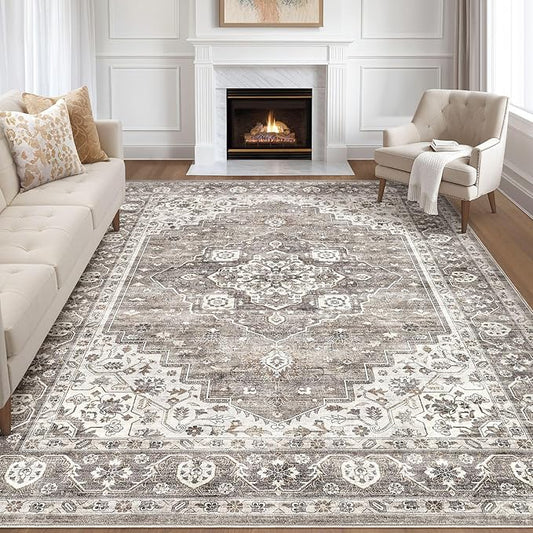 7x10 Area Rug Living Room: Washable Boho Large Neutral Vintage Soft Rug Stain Resistant Farmhouse Non-Slip Indoor Rustic Floor Carpet for Bedroom Nursery Kids Playroom Office Dining Room- Dark Brown