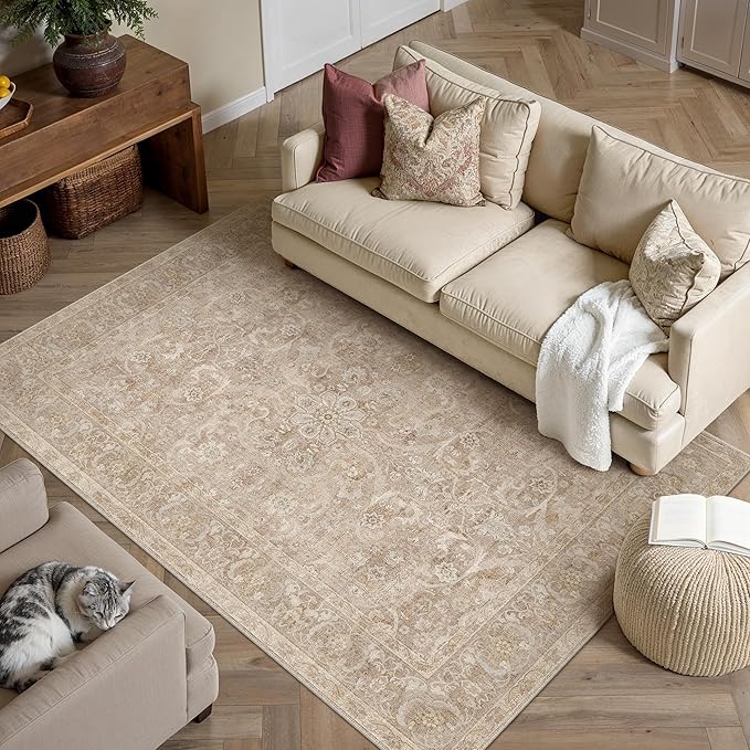 PureCozy Brown 3x5 Area Rug Entryway Washable Vintage Carpet Office Small Indoor Non Slip Soft Low Pile Thin Stain Resistant Distressed Accent Throw Rug for Entrance Bedroom Dining Living Room