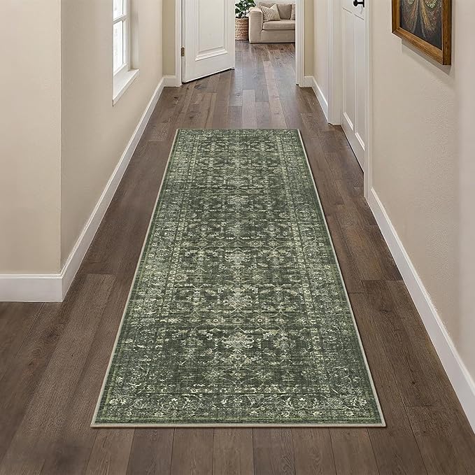 2x7 Green Runner Rug Hallway Washable Area Rugs Kitchen Vintage Boho Non Slip Long Rug Floral Carpet Indoor Retro Soft Low Pile Throw Rug for Bedroom Bathroom Laundry Dining Living Room Office