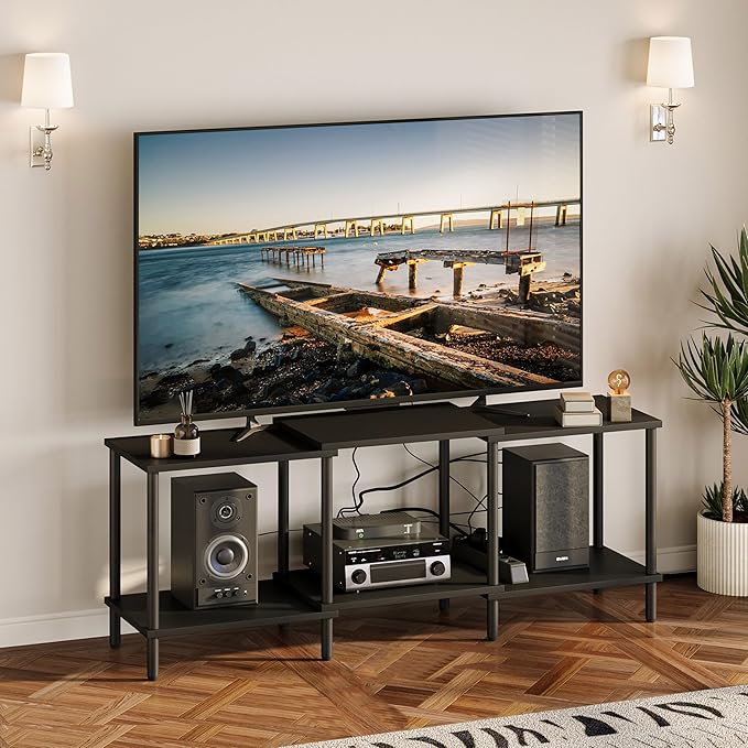 TV Stand, Entertainment Center, Industrial TV Media Console Table with Open Storage Shelves, 2 Tier TV Cabinet for Living Room, Bedroom LTS107BK