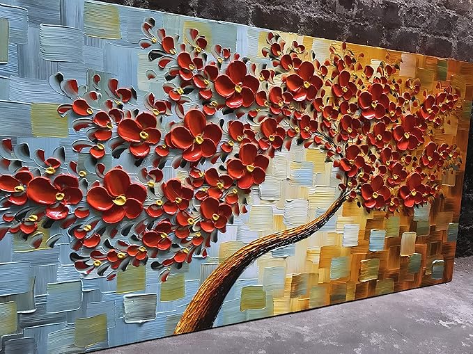YaSheng Art - Large Canvas Wall Art ,Hand Painted 3D Texture Wall Art Red Floral Oil Painting, Modern Abstract Artworks Paintings , Wall Art for living room Bedroom Office Wall Deco Home, Framed Wall Art Pictures 60 by 24 inch
