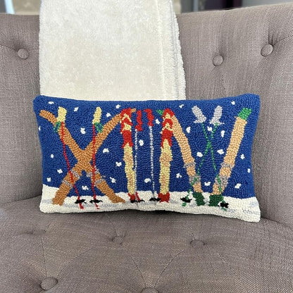 Hand Hooked Christmas Pillow - 9X16 inches Throw Pillow for Couch or Dorm (Skis)