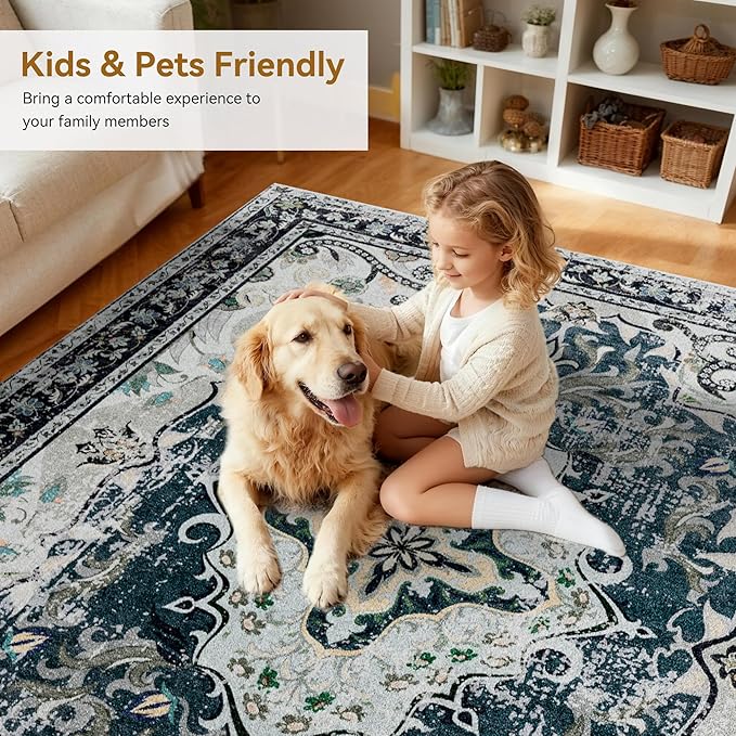 RUSHUFFY 6x9 Washable Area Rugs for Living Room, Non-Slip Boho Vintage Traditional Medallion Print Pattern Carpet for Bedroom Dining Room Farmhouse Nursery Room, Slate Blue & Beige