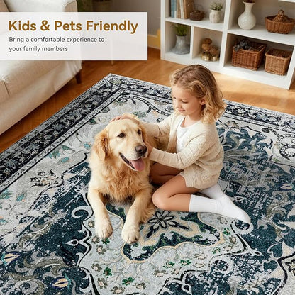 RUSHUFFY 2x3 Washable Small Rug Door Mat, Rugs for Entryway, Vintage Boho Distressed Print Non-Slip Carpet, Throw Rug for Indoor Entrance Kitchen Bedroom Bathroom Laundry Floor, Slate Blue & Beige