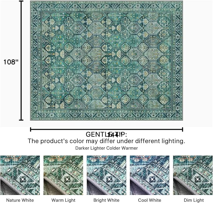 Bavni Washable Rug 9x12 Area Rug for Living Room Bedroom Dining, Washable Vintage Print Carpet, Ultra-Thin Chenille Low Pile Lightweight Rug with Non Slip Backing, Dark Green