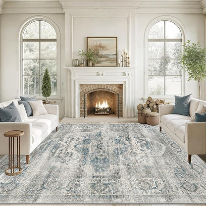 10x14 Living Room Rug - Large Washable Non Slip Vintage Rugs Low Pile Stain Resistant Distressed Carpet for Bedroom Dining Room Home Office 10'x14' Blue/Grey