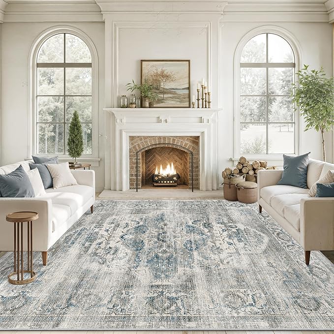 8x10 Area Rugs for Living Room, Machine Washable Non Slip Vintage Rug, Non-Slip Stain Resistant, Large Soft Home Decor Rug for Bedroom Dining Room (Blue/Grey,8'x10')