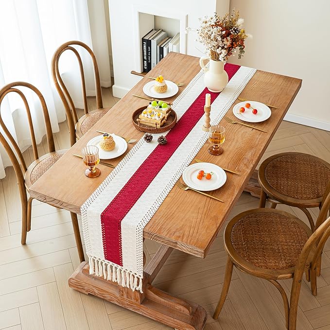 FEXIA 4th of July Table Runner for Home Decor with Tassels 72 Inches Long Farmhouse Red Rustic Boho Table Runner Macrame Burlap Table Decoration for Living Room Bridal Shower(12x72 Inches)