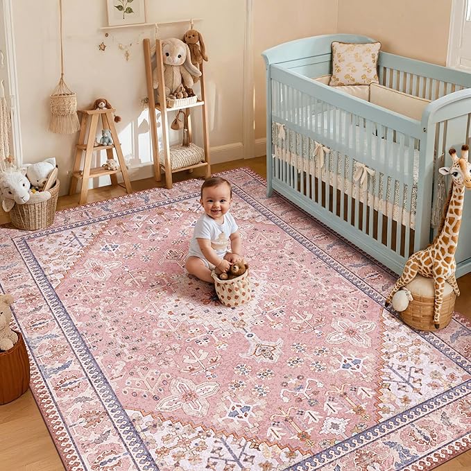 Kokia 6x9 Area Rugs for Living Room, Machine Washable Low Pile Rug, Non Slip Backing Boho Rugs for Bedroom, Printed Soft Vintage Carpet Peach Pink 6 x 9