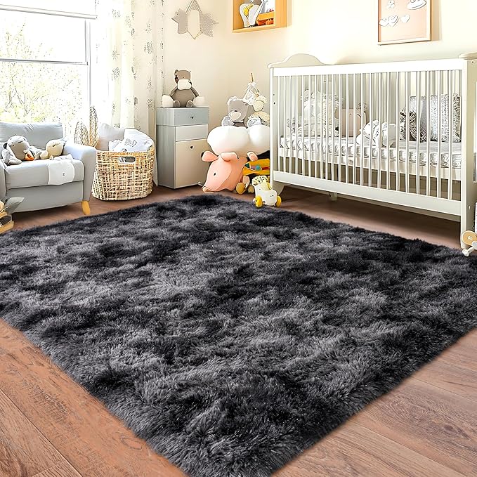 Tie-Dyed Black Grey Shaggy Rugs Fluffy Carpets, Indoor Modern Plush Area Rugs for Living Room, Upgrade Anti-Skid Area Rug, 10x14 Feet Fuzzy Rug for Nursery Home Decor